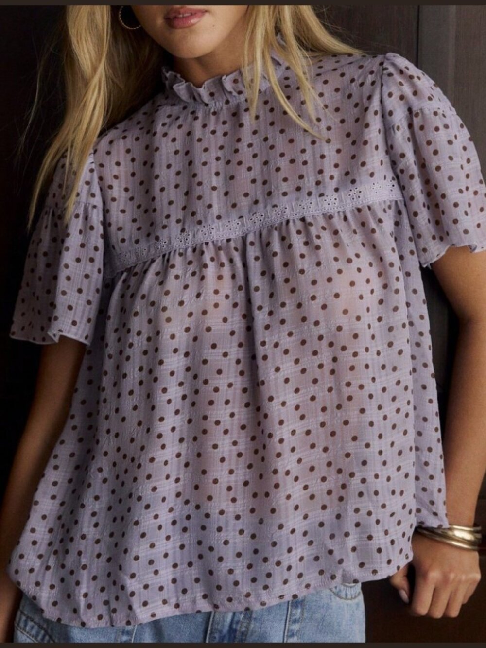Lavender Polka Dot Ruffle Collar Sheer Babydoll Blouse